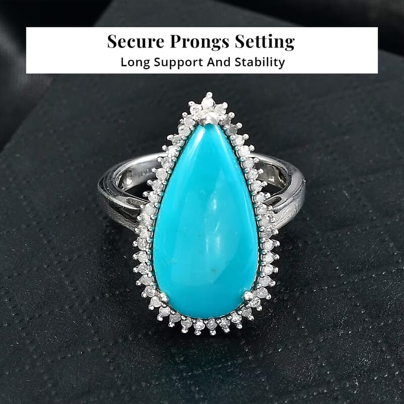 D'Joy Premium Sleeping Beauty Turquoise, Diamond (0.27 cts) Ring in Rhodium Over Sterling Silver (Size 6.0) 5.65 ctw
