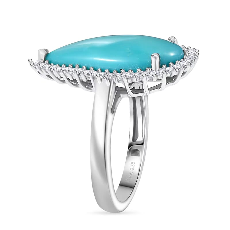 D'Joy Premium Sleeping Beauty Turquoise, Diamond (0.27 cts) Ring in Rhodium Over Sterling Silver (Size 6.0) 5.65 ctw