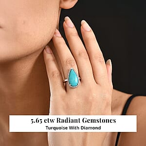 D'Joy Premium Sleeping Beauty Turquoise and Diamond 5.65 ctw Ring in Rhodium Over Sterling Silver (Size 7.0)