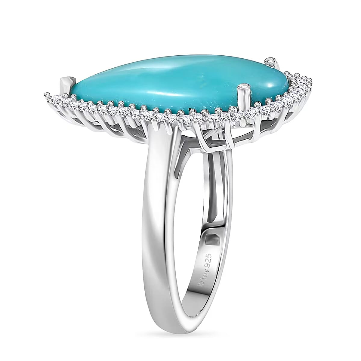 D'Joy Premium Sleeping Beauty Turquoise, Diamond (0.27 cts) Ring in Rhodium Over Sterling Silver (Size 8.0) 5.65 ctw image number 7
