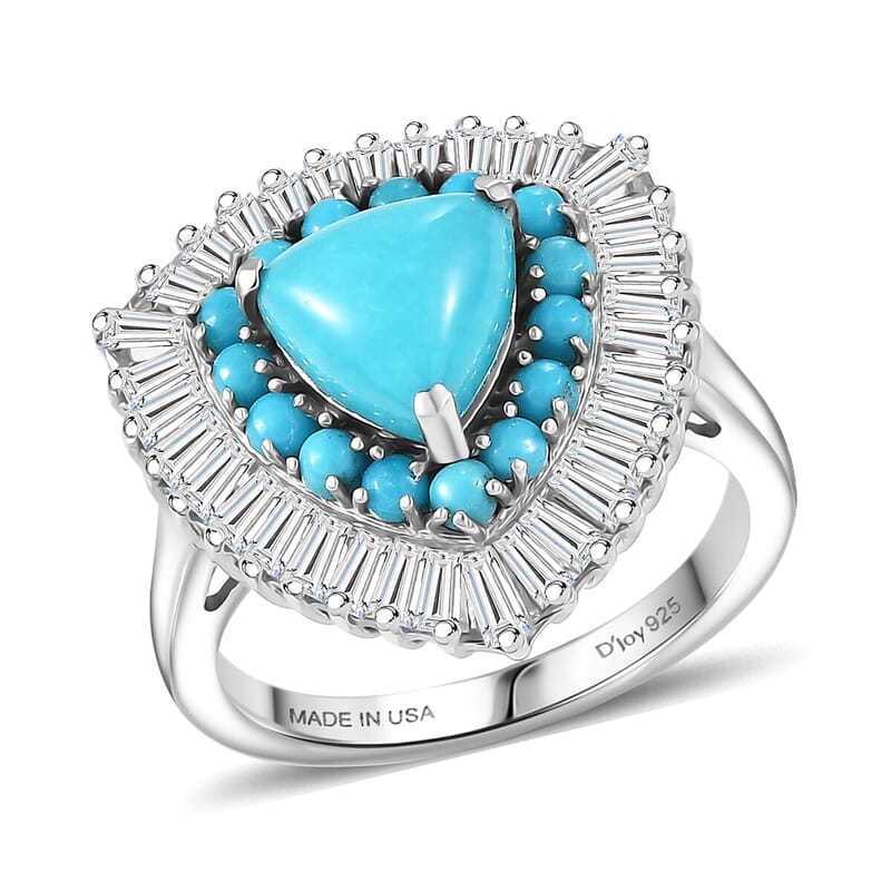 D'Joy Sleeping Beauty Turquoise, Moissanite Crown Ring in Rhodium Over Sterling Silver 3.35 ctw (Size 10.0)