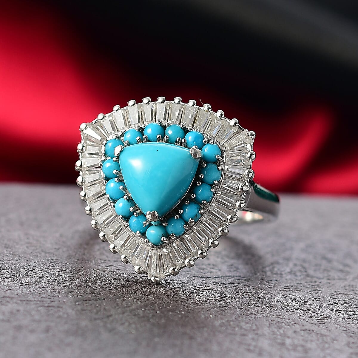 D'Joy Sleeping Beauty Turquoise and Moissanite 3.35 ctw Crown Glow Ring in Rhodium Over Sterling Silver (Size 7.0) (Del. in 7-10 Days)  image number 1