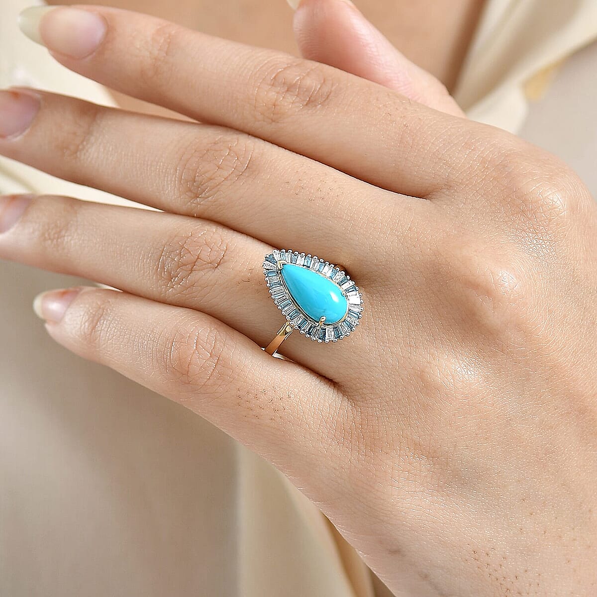 10K Yellow Gold AAA Sleeping Beauty Turquoise, Luxuriant Lab Grown Blue Diamond (E-F, VS) (0.56 cts) Ring (Size 10.0) 2.45 ctw image number 2