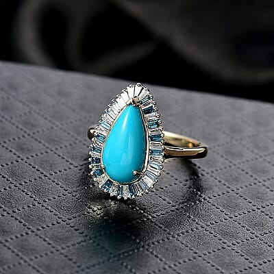 AAA Sleeping Beauty Turquoise, Lab Grown Blue and White Diamond Ring in 10K Yellow Gold  2.40 ctw (Size 12.0)