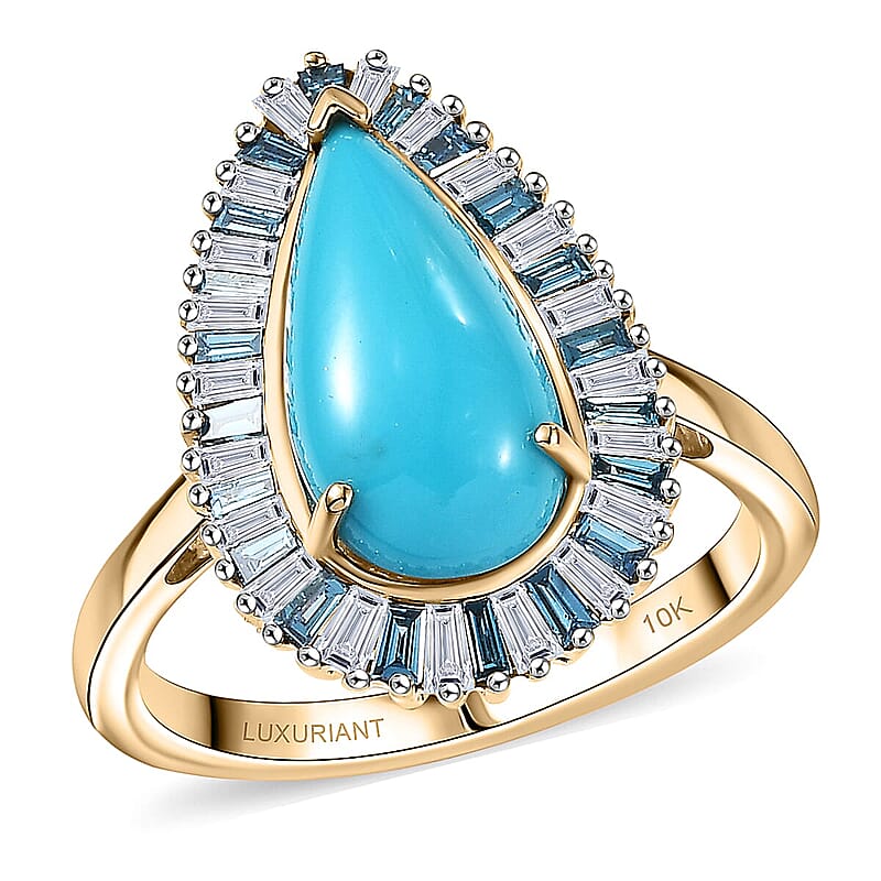 AAA Sleeping Beauty Turquoise, Lab Grown Blue and White Diamond Ring in 10K Yellow Gold  2.40 ctw (Size 5.0)