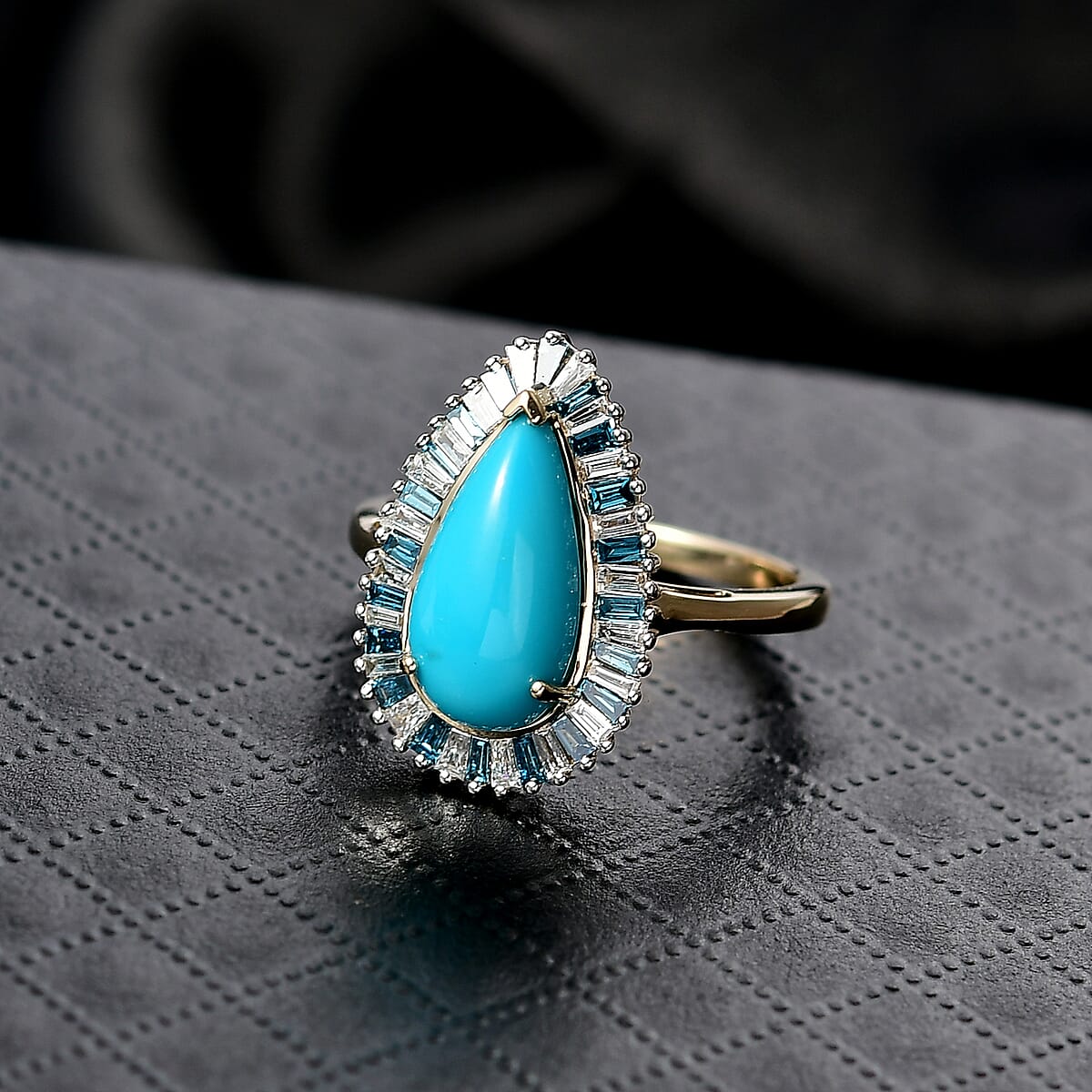 AAA Sleeping Beauty Turquoise and Luxuriant Lab Grown Blue and White Diamond VS 2.40 ctw Stargate Majesty Ring in 10K Yellow Gold (Size 8.0) image number 1