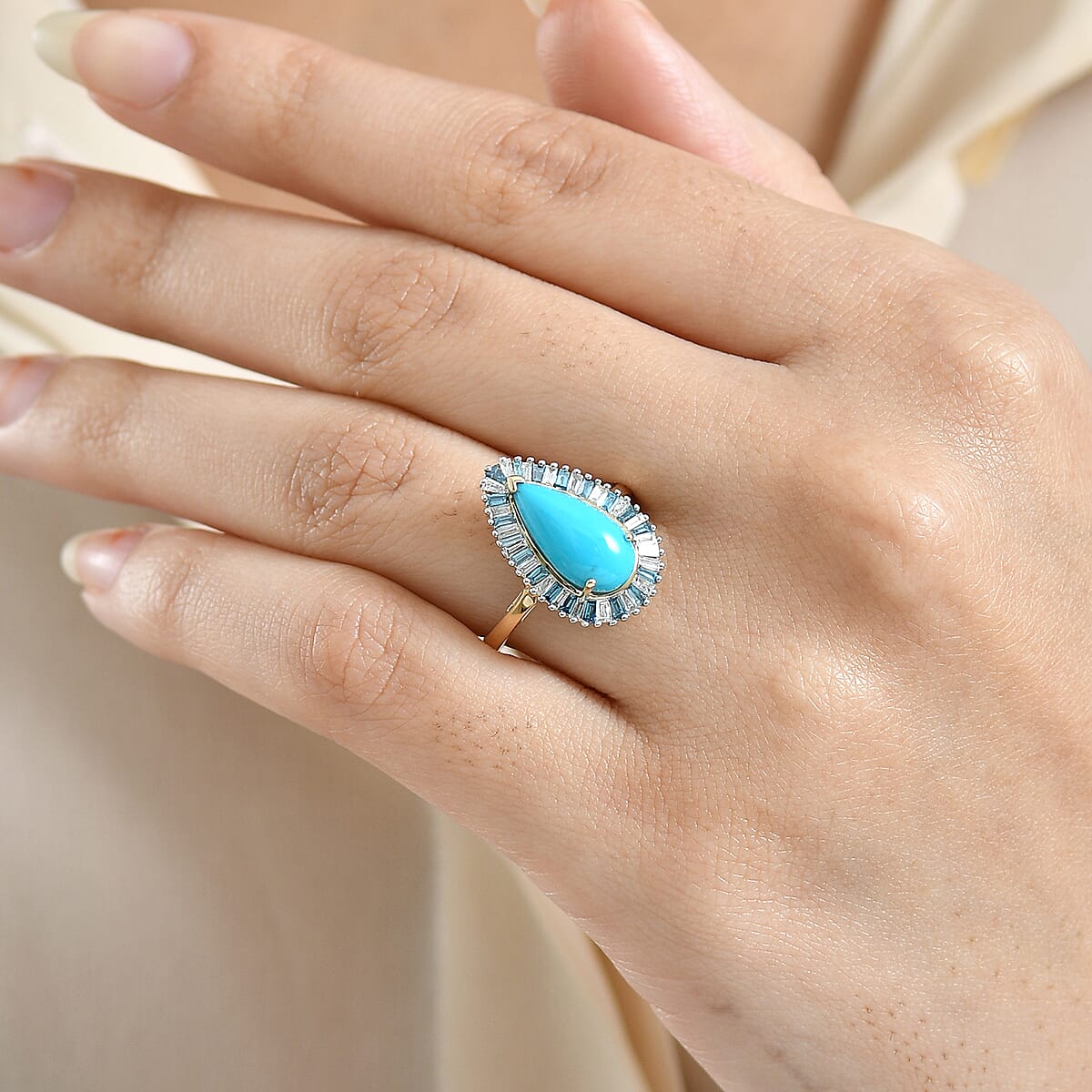 AAA Sleeping Beauty Turquoise and Luxuriant Lab Grown Blue and White Diamond VS 2.40 ctw Stargate Majesty Ring in 10K Yellow Gold (Size 8.0) image number 2