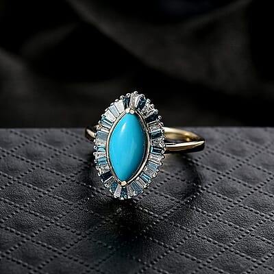 10K Yellow Gold AAA Sleeping Beauty Turquoise, Luxuriant Lab Grown Blue Diamond (E-F, VS) (0.54 cts) Ring (Size 10.0) 2.10 ctw