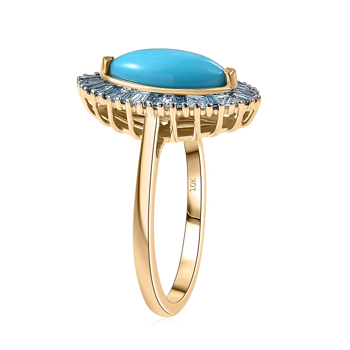 AAA Sleeping Beauty Turquoise and Luxuriant Lab Grown Blue Diamond E-F VS 2.10 ctw Ring in 10K Yellow Gold (Size 9.0) image number 3