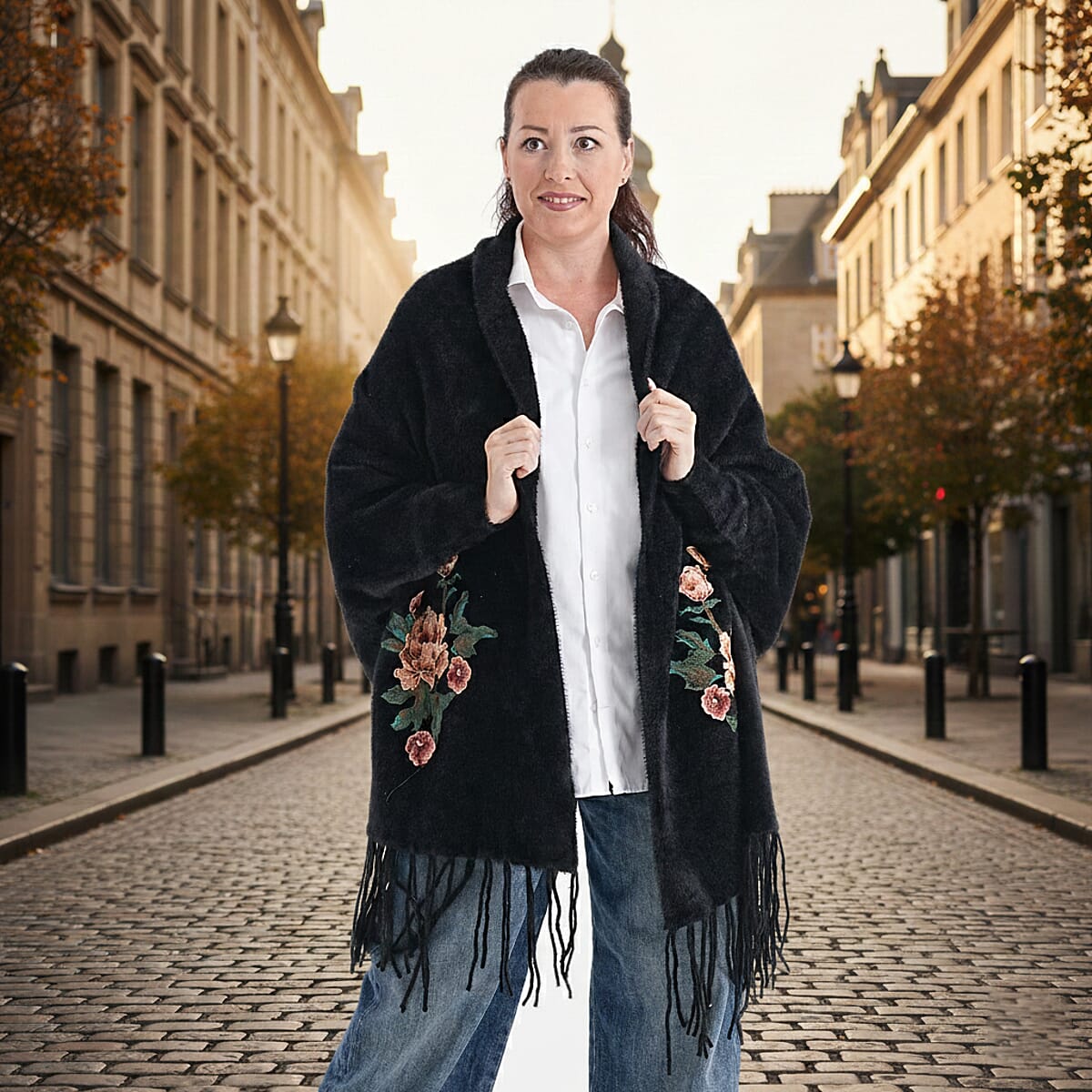 La Marey Black Embroidery Tassel Poncho  image number 1