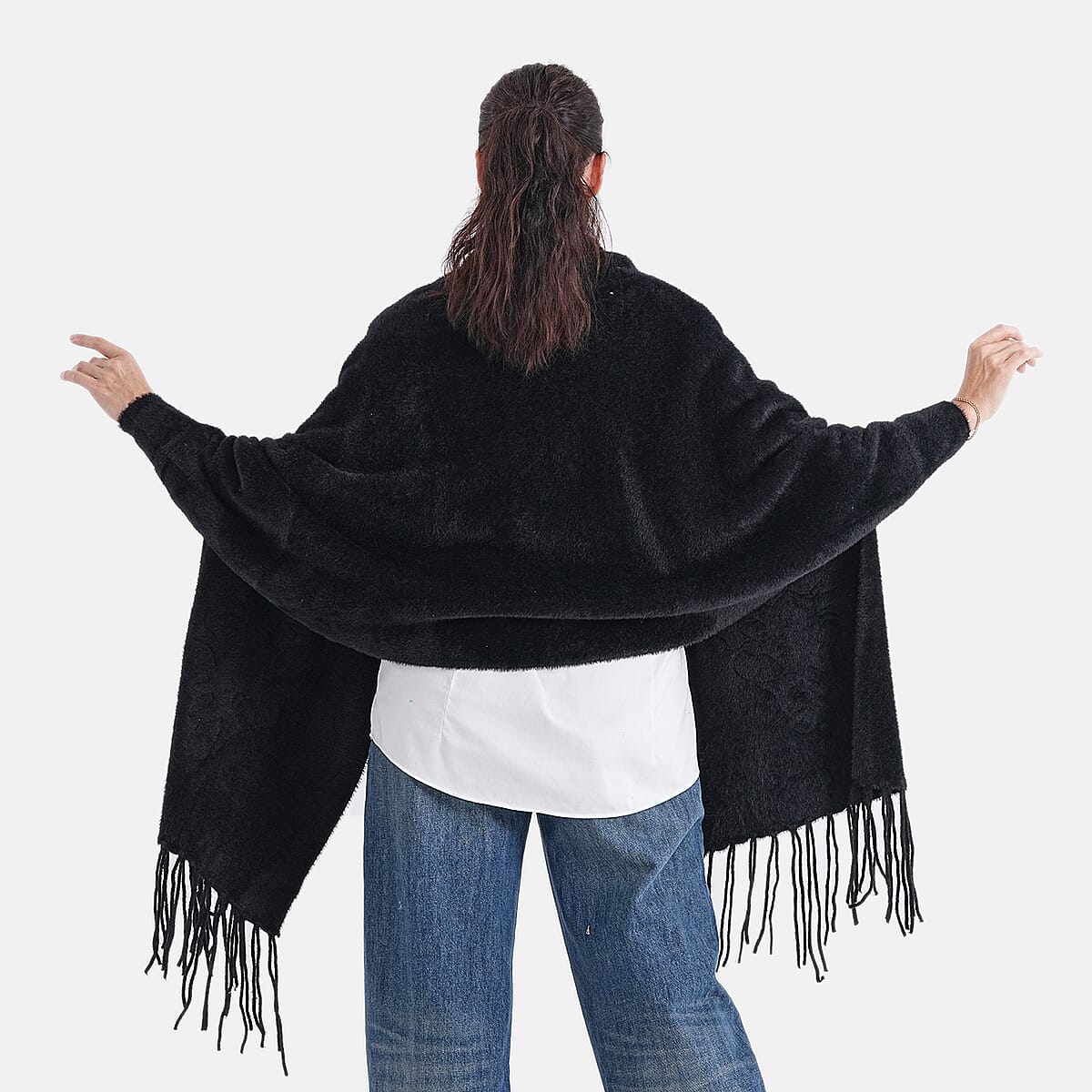 La Marey Black Embroidery Tassel Poncho  image number 2