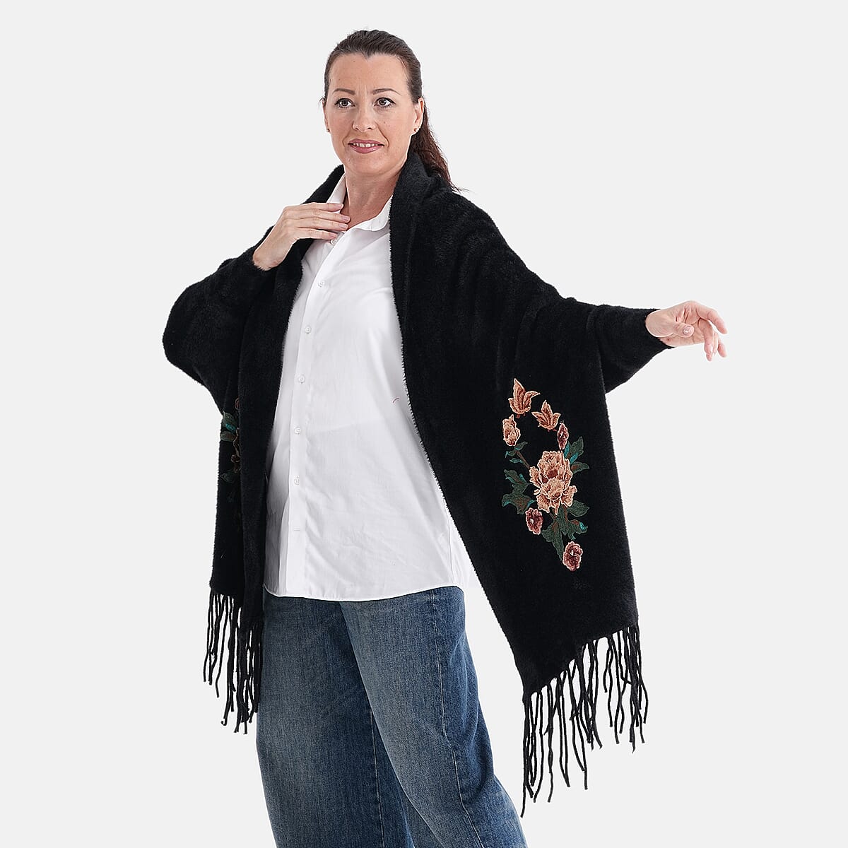 La Marey Black Embroidery Tassel Poncho  image number 4