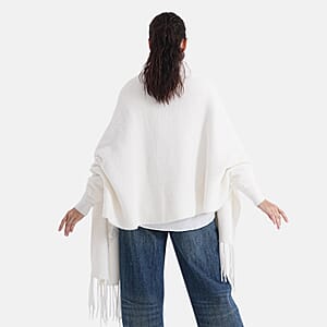 La Marey White Embroidery Tassel Poncho 