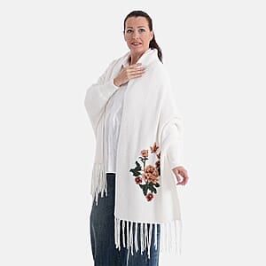 La Marey White Embroidery Tassel Poncho 