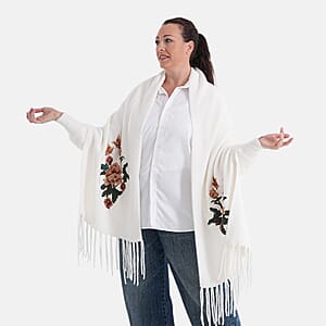 La Marey White Embroidery Tassel Poncho 
