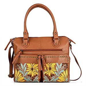 La Marey Tan Genuine Leather Embroidery work Shoulder Bag with Shoulder Strap