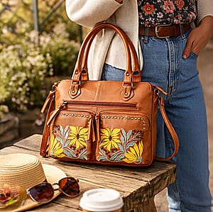 La Marey Tan Genuine Leather Embroidery work Shoulder Bag with Shoulder Strap