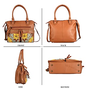 La Marey Tan Genuine Leather Embroidery work Shoulder Bag with Shoulder Strap