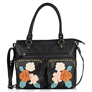 La Marey Black Genuine Leather Embroidery work Shoulder Bag with Shoulder Strap