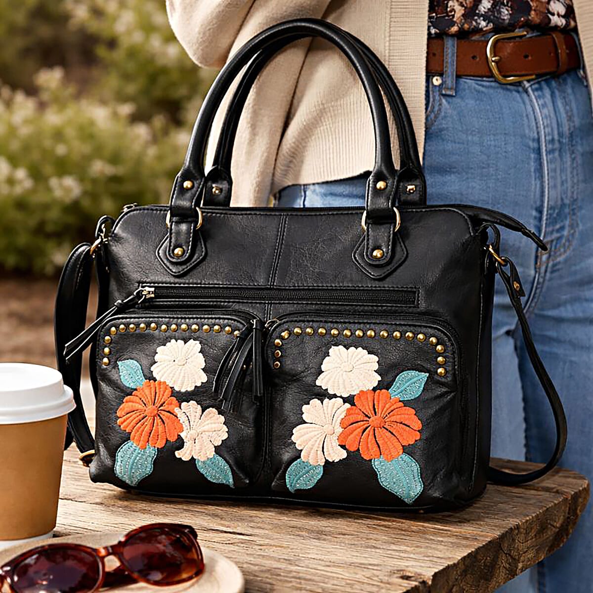 La Marey Black Genuine Leather Embroidery work Shoulder Bag with Shoulder Strap image number 1