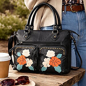 La Marey Black Genuine Leather Embroidery work Shoulder Bag with Shoulder Strap