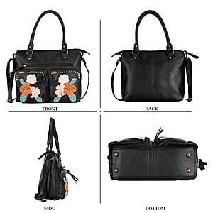 La Marey Black Genuine Leather Embroidery work Shoulder Bag with Shoulder Strap