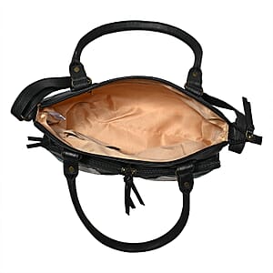 La Marey Black Genuine Leather Embroidery work Shoulder Bag with Shoulder Strap