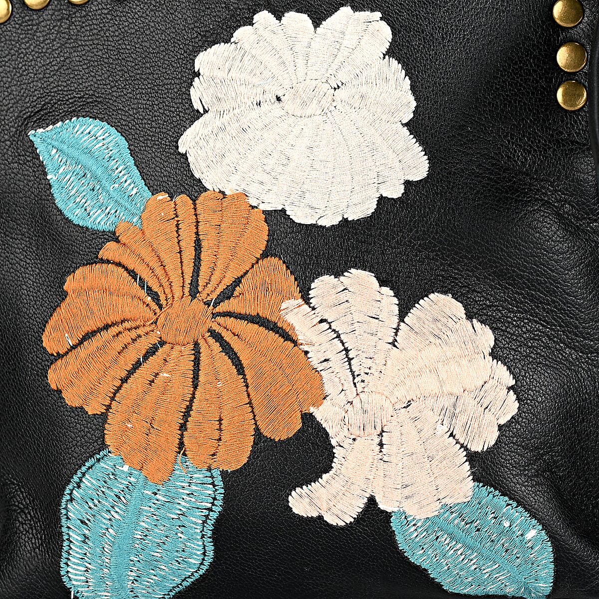 La Marey Black Genuine Leather Embroidery work Shoulder Bag with Shoulder Strap image number 4