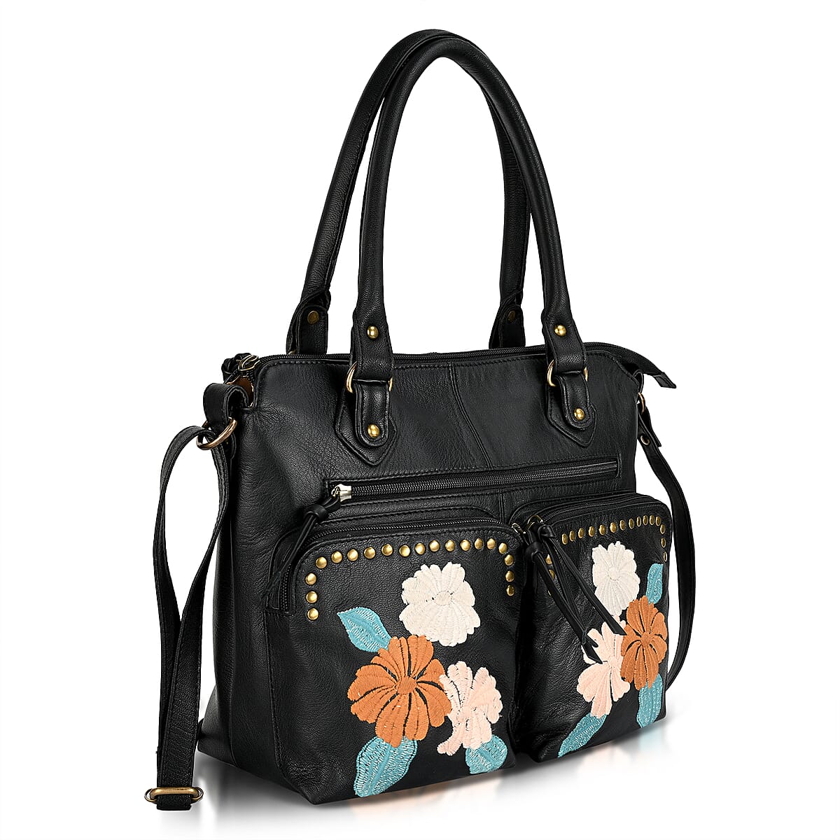 La Marey Black Genuine Leather Embroidery work Shoulder Bag with Shoulder Strap image number 5