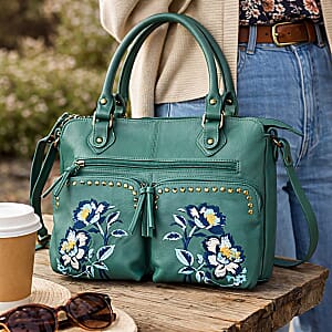 La Marey Dark Turquoise Genuine Leather Embroidery work Shoulder Bag with Shoulder Strap
