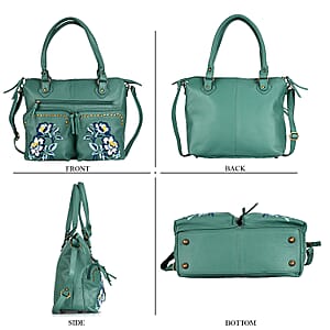 La Marey Dark Turquoise Genuine Leather Embroidery work Shoulder Bag with Shoulder Strap