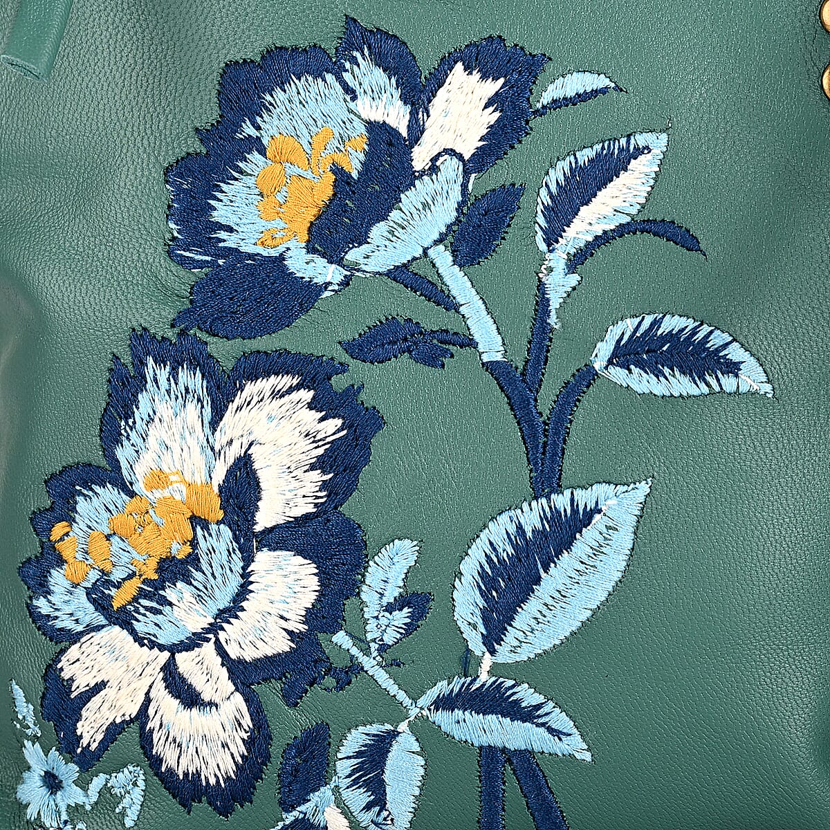 La Marey Dark Turquoise Genuine Leather Embroidery work Shoulder Bag with Shoulder Strap image number 4