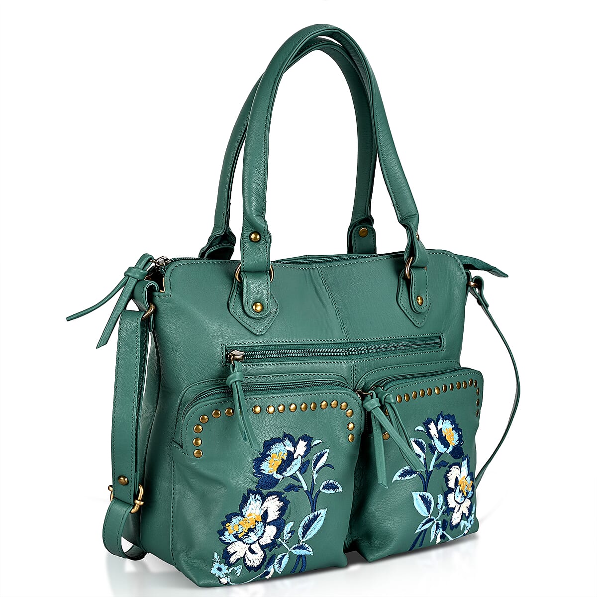 La Marey Dark Turquoise Genuine Leather Embroidery work Shoulder Bag with Shoulder Strap image number 5