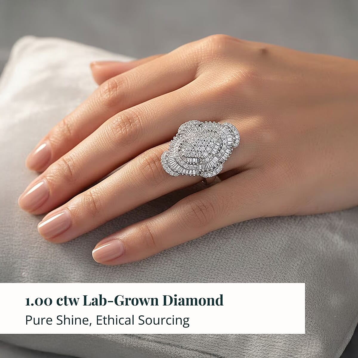 Doorbuster Luxuriant Lab Grown Diamond G-H SI 1.00 ctw Mosaic Art Ring in Rhodium Over Sterling Silver (Size 9.0) image number 1