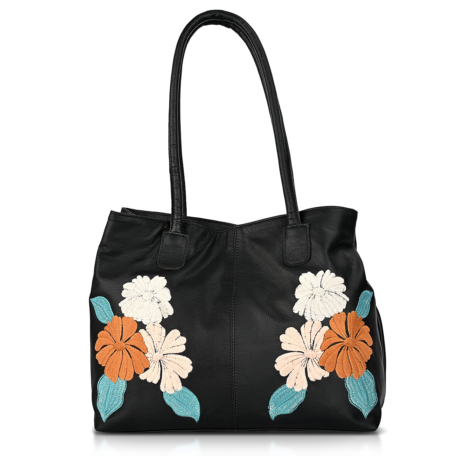 La Marey Black Genuine Leather Floral Tote Bag with Two Top Handle