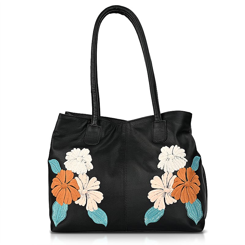 La Marey Black Genuine Leather Floral Tote Bag with Two Top Handle