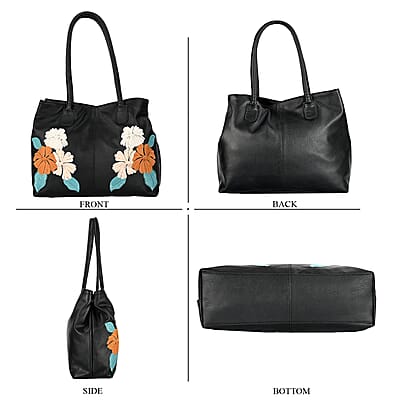 La Marey Black Genuine Leather Floral Tote Bag with Two Top Handle