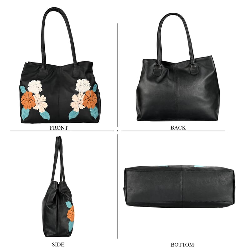 La Marey Black Genuine Leather Floral Tote Bag with Two Top Handle