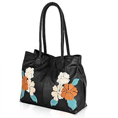 La Marey Black Genuine Leather Floral Tote Bag with Two Top Handle
