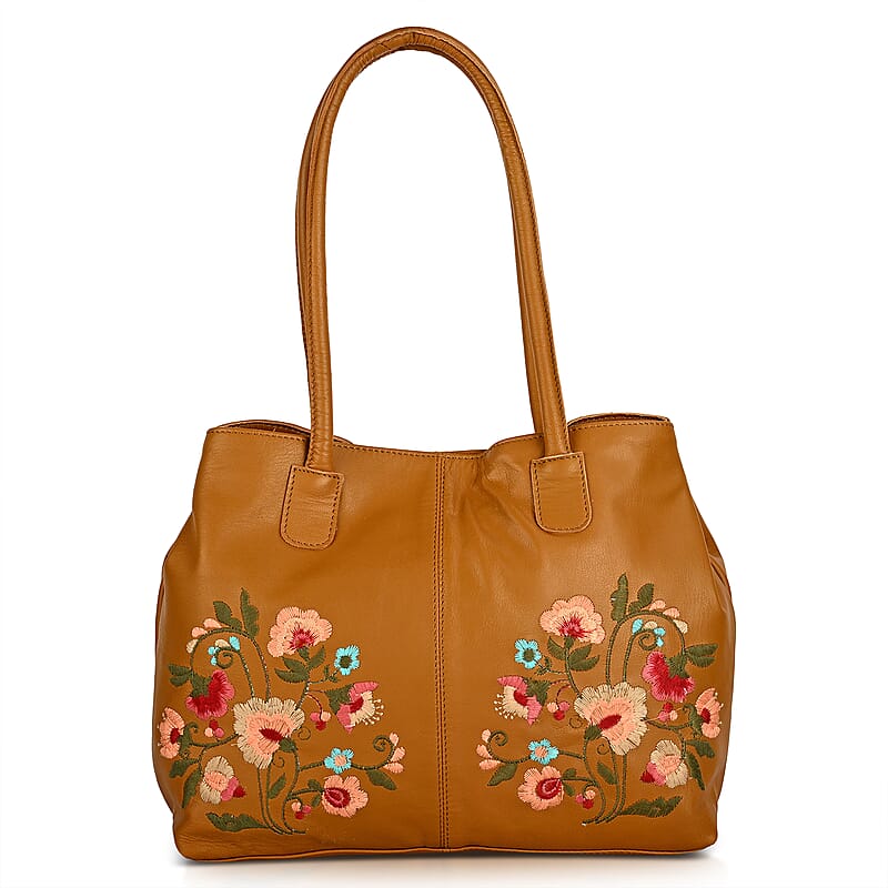 La Marey Tan Genuine Leather Floral Tote Bag with Two Top Handle