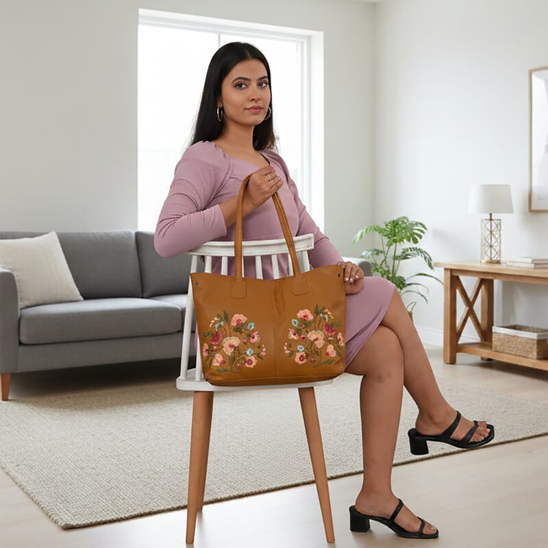 La Marey Tan Genuine Leather Floral Tote Bag with Two Top Handle