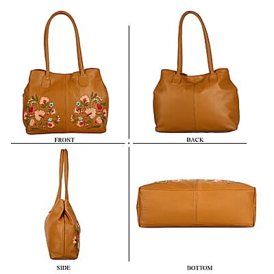 La Marey Tan Genuine Leather Floral Tote Bag with Two Top Handle