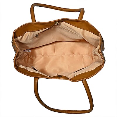 La Marey Tan Genuine Leather Floral Tote Bag with Two Top Handle
