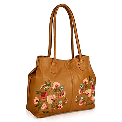 La Marey Tan Genuine Leather Floral Tote Bag with Two Top Handle