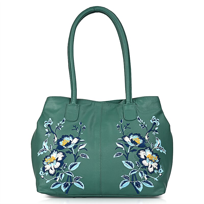 La Marey Turquoise Genuine Leather Floral Tote Bag with Two Top Handle