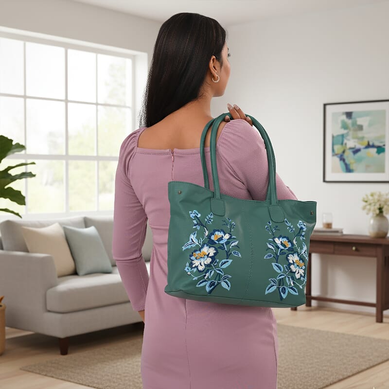 La Marey Turquoise Genuine Leather Floral Tote Bag with Two Top Handle