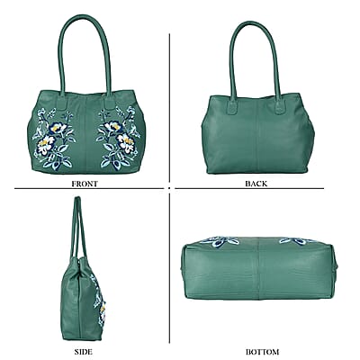 La Marey Turquoise Genuine Leather Floral Tote Bag with Two Top Handle