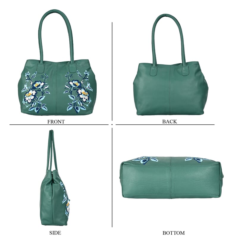 La Marey Turquoise Genuine Leather Floral Tote Bag with Two Top Handle
