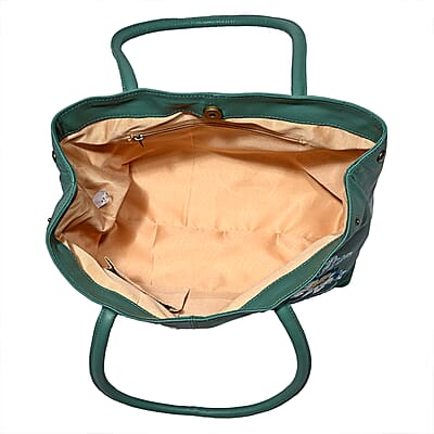 La Marey Turquoise Genuine Leather Floral Tote Bag with Two Top Handle