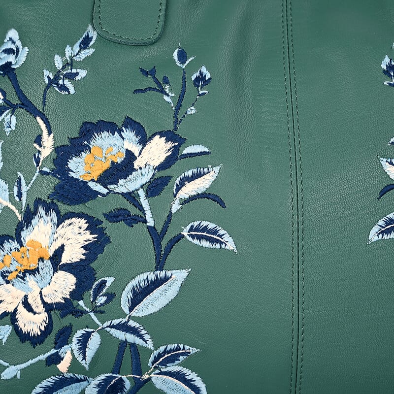 La Marey Turquoise Genuine Leather Floral Tote Bag with Two Top Handle